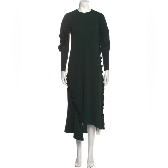 TIBI Ruched Long Sleeve Ruffle Dress Midi Dark Green Size Medium - Picture 1 of 9